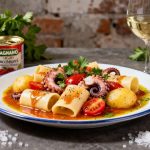 Paccheri al forno con polpo, pomodorini, patate e bisque di crostacei