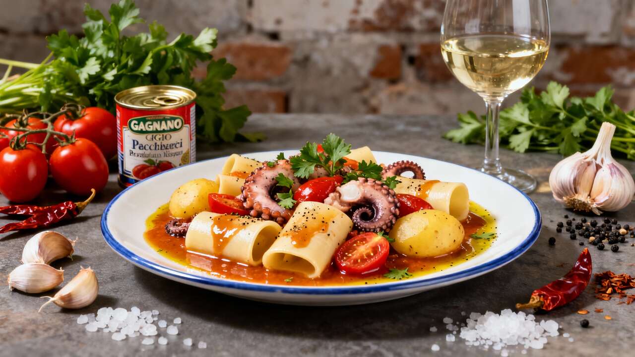 Paccheri al forno con polpo, pomodorini, patate e bisque di crostacei